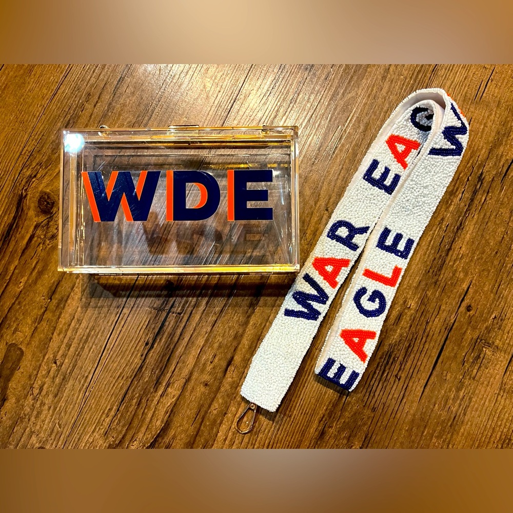CUSTOM CLEAR ACRYLIC AUBURN TIGERS WDE GAME DAY BAG WITH BEADED WAR EAGLE STRAP